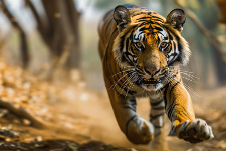 A dynamic photograph capturing the intense energy of a tiger in mid-pounceの素材