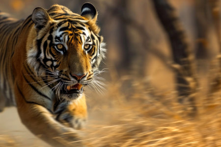 A dynamic photograph capturing the intense energy of a tiger in mid-pounceの素材