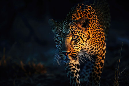 A leopard in the moonlight, with its coat illuminated by the soft glowの素材