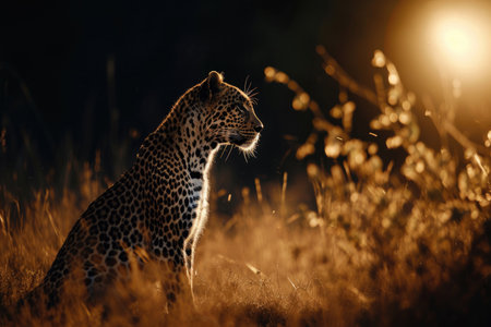 A leopard in the moonlight, with its coat illuminated by the soft glowの素材