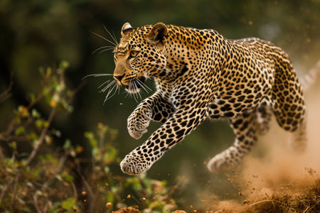 A leopard in mid-leap, showing its agility and strengthの素材