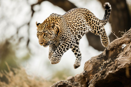 A leopard in mid-leap, showing its agility and strengthの素材