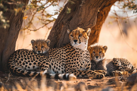 A cheetah family resting in the shade of an acacia treeの素材