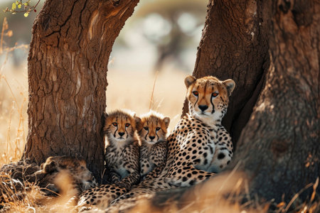 A cheetah family resting in the shade of an acacia treeの素材