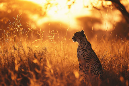 A cheetah in the golden glow of the sunset, its fur illuminated by the warm huesの素材