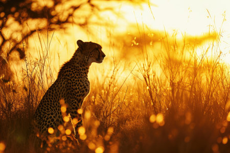 A cheetah in the golden glow of the sunset, its fur illuminated by the warm huesの素材