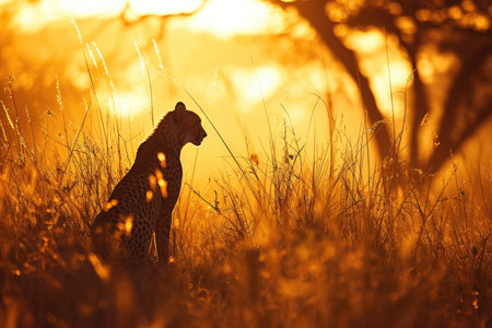 A cheetah in the golden glow of the sunset, its fur illuminated by the warm huesの素材