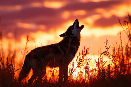 A gray wolf mid-howl, its silhouette framed against a vibrant sunsetの素材