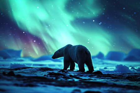A polar bear in the ethereal glow of the Northern Lightsの素材