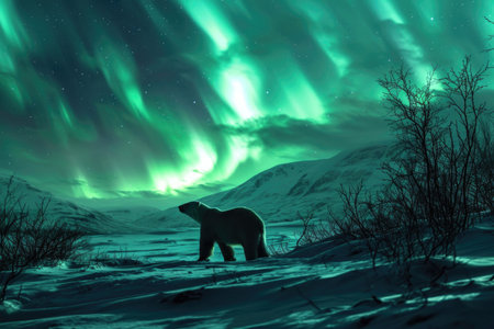 A polar bear in the ethereal glow of the Northern Lightsの素材