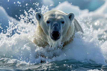 A polar bear emerging from the Arctic waters with a splashの素材