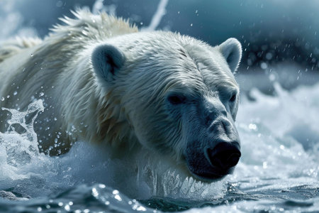 A polar bear emerging from the Arctic waters with a splashの素材