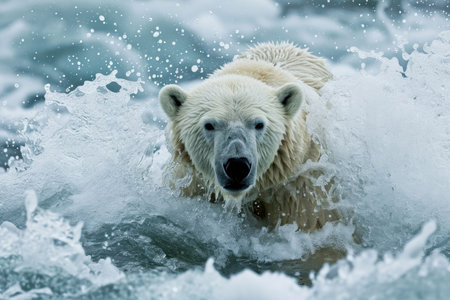 A polar bear emerging from the Arctic waters with a splashの素材