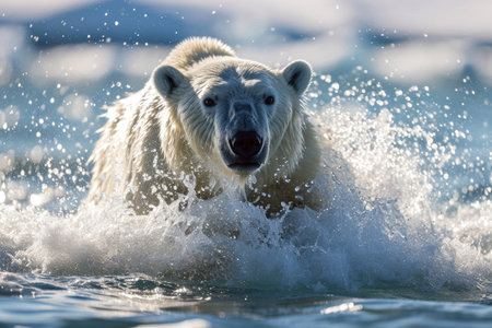 A polar bear emerging from the Arctic waters with a splashの素材