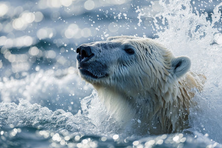 A polar bear emerging from the Arctic waters with a splashの素材