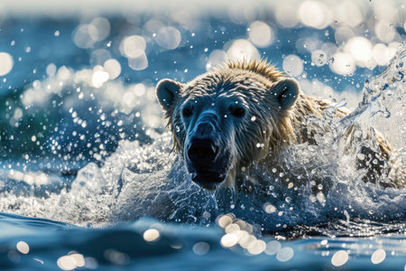 A polar bear emerging from the Arctic waters with a splashの素材
