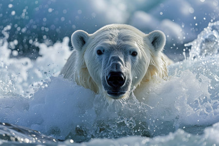 A polar bear emerging from the Arctic waters with a splashの素材