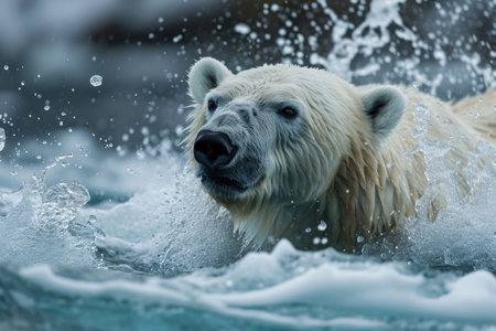 A polar bear emerging from the Arctic waters with a splashの素材