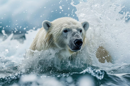 A polar bear emerging from the Arctic waters with a splashの素材