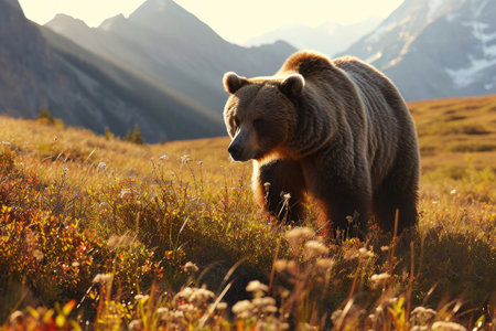 A grizzly bear standing tall in a lush mountain meadowの素材