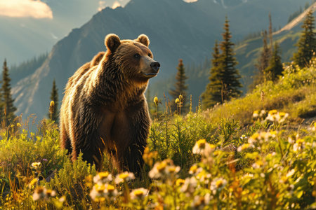 A grizzly bear standing tall in a lush mountain meadowの素材