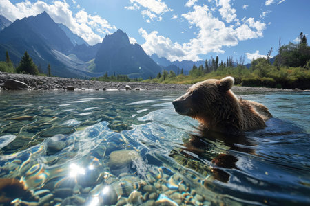 A grizzly bear fishing in a crystal-clear mountain streamの素材