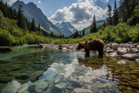 A grizzly bear fishing in a crystal-clear mountain streamの素材