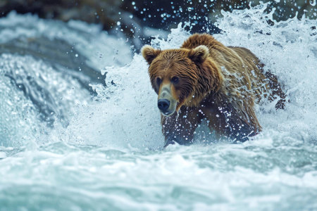 A grizzly bear in mid-pounce while hunting for salmon at a rushing riverの素材