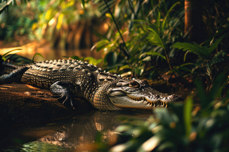 A crocodile basking in the warm sunlight along the banks of a tropical riverの素材
