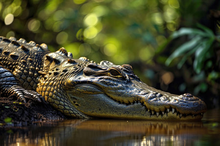 A crocodile basking in the warm sunlight along the banks of a tropical riverの素材