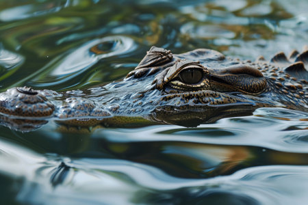 A crocodile as it glides through the reflective waters of a calm lagoonの素材