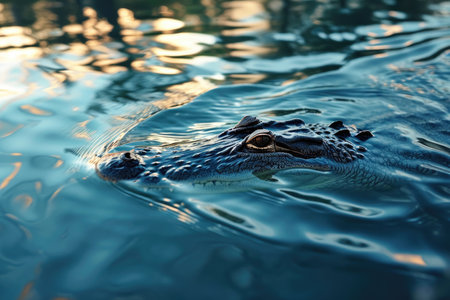 A crocodile as it glides through the reflective waters of a calm lagoonの素材
