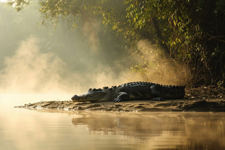 A crocodile resting on a sunlit riverbank, with mist rising from the water's surfaceの素材