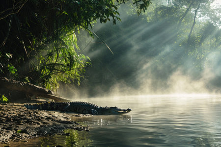 A crocodile resting on a sunlit riverbank, with mist rising from the water's surfaceの素材