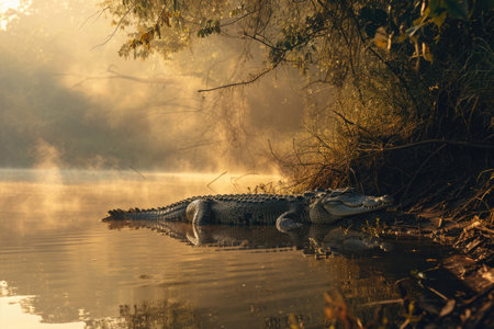 A crocodile resting on a sunlit riverbank, with mist rising from the water's surfaceの素材