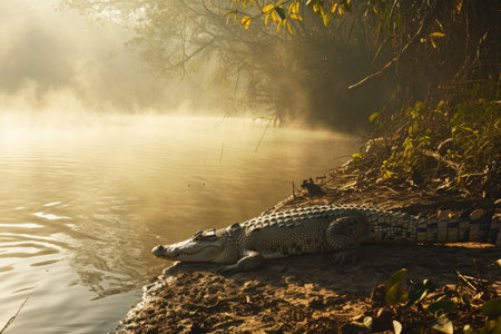 A crocodile resting on a sunlit riverbank, with mist rising from the water's surfaceの素材
