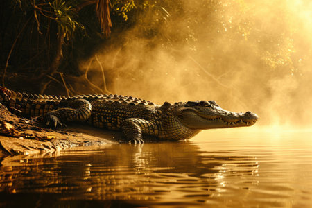 A crocodile resting on a sunlit riverbank, with mist rising from the water's surfaceの素材