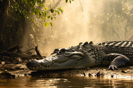 A crocodile resting on a sunlit riverbank, with mist rising from the water's surfaceの素材