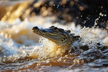 A crocodile launching itself from the water to catch preyの素材