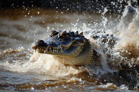 A crocodile launching itself from the water to catch preyの素材