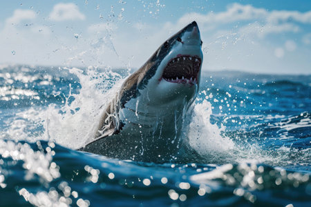 A great white shark as it bursts through the surface of the ocean with unparalleled powerの素材