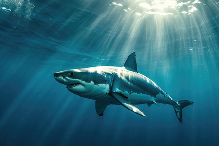 A great white shark gliding majestically through the clear blue depths of the oceanの素材