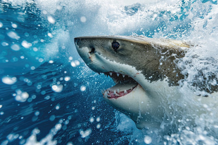 A great white shark as it breaches the ocean surface while huntingの素材