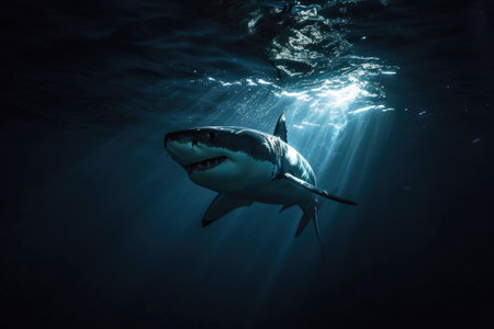 A great white shark swimming gracefully in the moonlit watersの素材