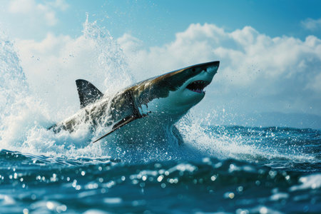 A great white shark as it breaches the ocean surface while huntingの素材