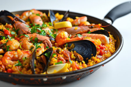 A paella a traditional Spanish dish against a bright white backgroundの素材