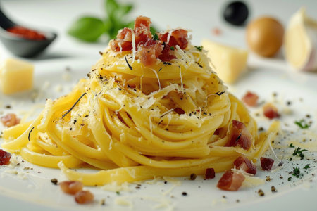 A Pasta Carbonara elegantly arranged on a pristine white backgroundの素材