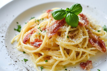 A Pasta Carbonara elegantly arranged on a pristine white backgroundの素材