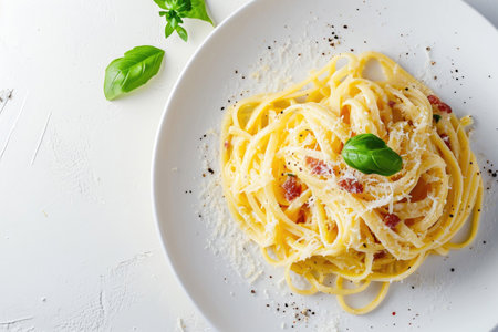 A Pasta Carbonara elegantly arranged on a pristine white backgroundの素材