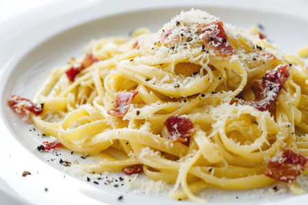 A Pasta Carbonara elegantly arranged on a pristine white backgroundの素材